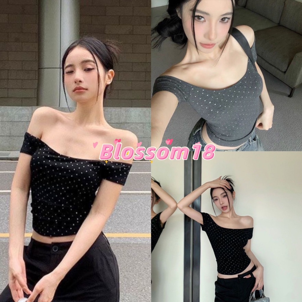 พร้อมส่ง💕เสื้อยืดปาดไหล่  ติดเพชร ลายจุด แต่งง่าย ทรง Sexy ได้ทุกลุค