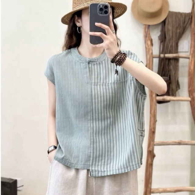 เสื้อคอจีน แขนกุด แขนล้ำ 46-48“ ต่อผ้า ลายทาง-ลายริ้ว ผ้าสาลู 2 ชั้น [เขียว,เทา] เสื้อลำลองสไตล์จีน HerbieStyle