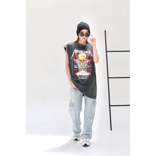 🌟STF_SHOP🌟เสื้อผ้าคอตตอน ฟองวินเทจ [ แขนกุด ] สกรีนหน้าลายเท่ๆน่ารัก งายUnisex อก 44-46 ยาว 29