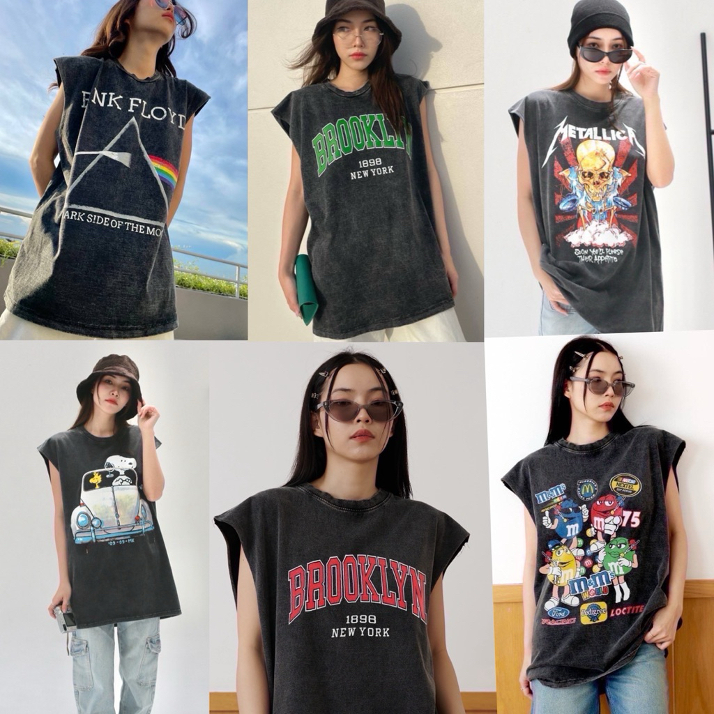 🌟STF_SHOP🌟เสื้อผ้าคอตตอน ฟองวินเทจ [ แขนกุด ] สกรีนหน้าลายเท่ๆน่ารัก งายUnisex อก 44-46 ยาว 29