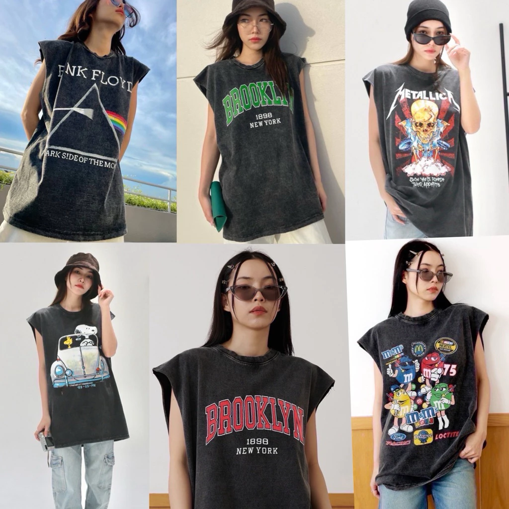 🌟STF_SHOP🌟เสื้อผ้าคอตตอน ฟองวินเทจ [ แขนกุด ] สกรีนหน้าลายเท่ๆน่ารัก งายUnisex อก 44-46 ยาว 29