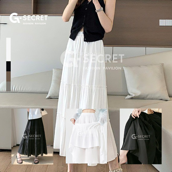 พร้อมส่ง กระโปรงยาว เอวสม็อค ทรงเลเยอร์ สไตล์เกาหลี เก๋ๆ ผ้าชีฟองบางๆ ใส่สบายมาก (มีซับใน) ทรงน่ารักมาก