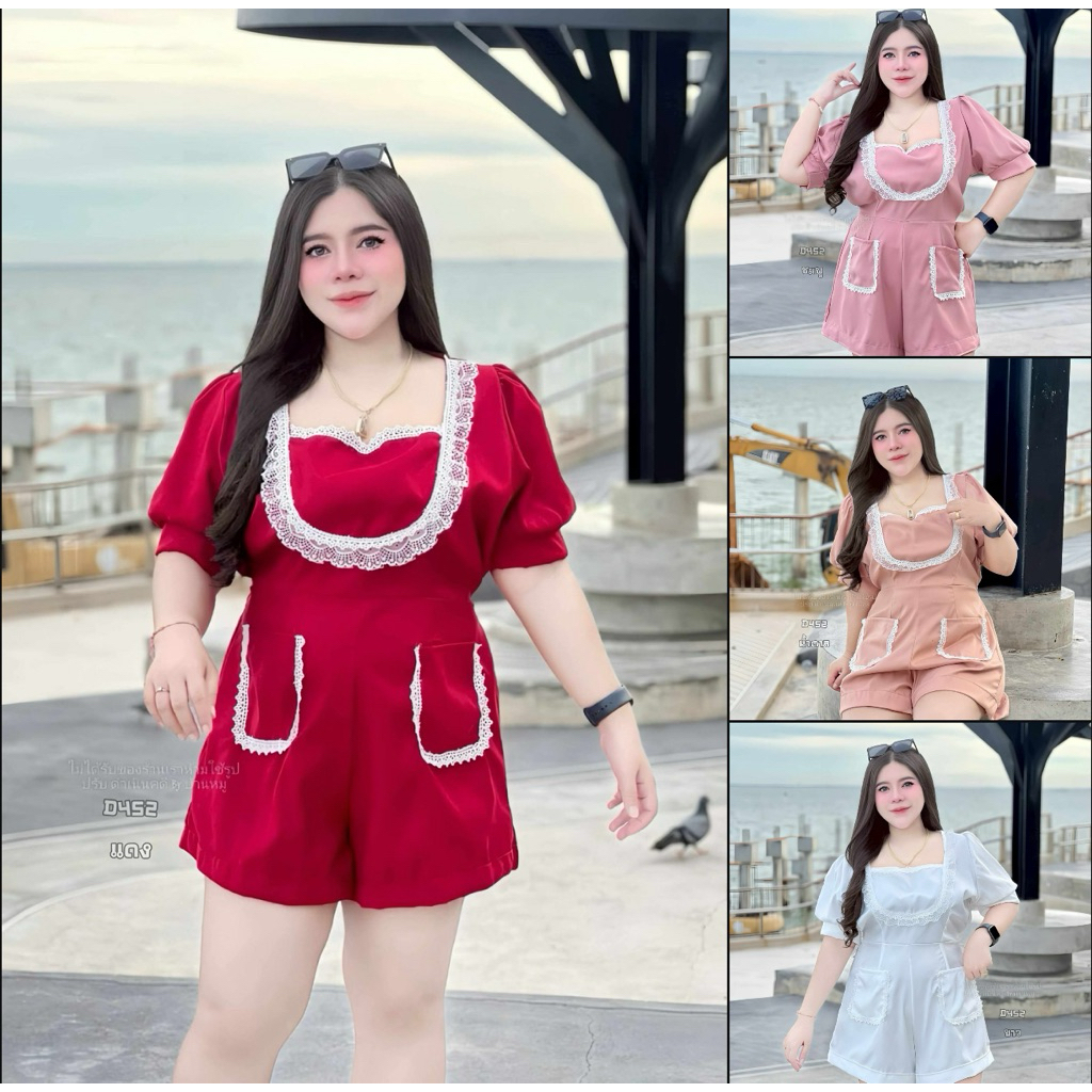 P27-S4J1🌹 D452 จั๊มสูทคุณหนู(ขาสั้น)  คอชใหม่น่ารักสดใส สไตล์ลูกคุณหนู ผ้าซาร่าแต่งระบายลูกไม้ มีกระ