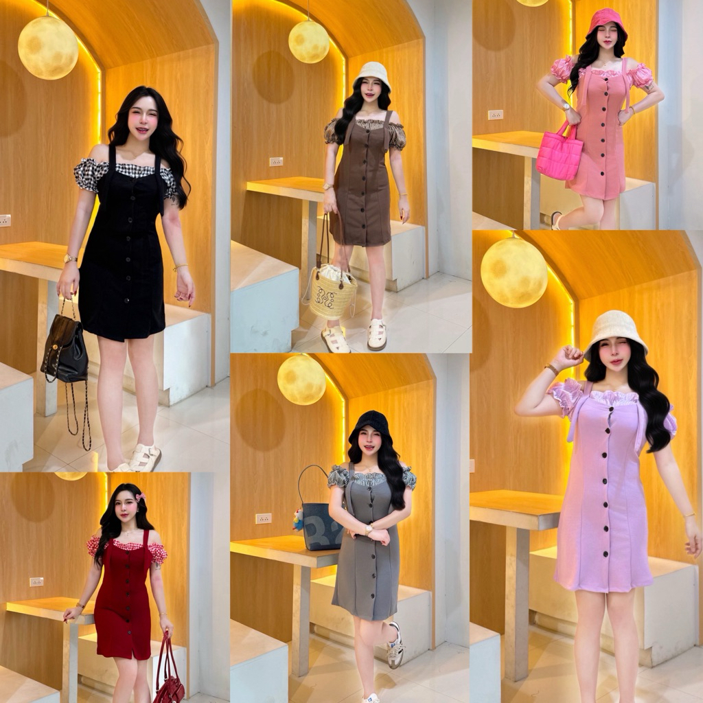 R34 ชุดเดรสเอี๊ยม-เสื้อลายสก็อตแขนสั้น  แต่งกระดุมหน้า สไตล์เกาหลี ผ้ายืดหยุ่น
