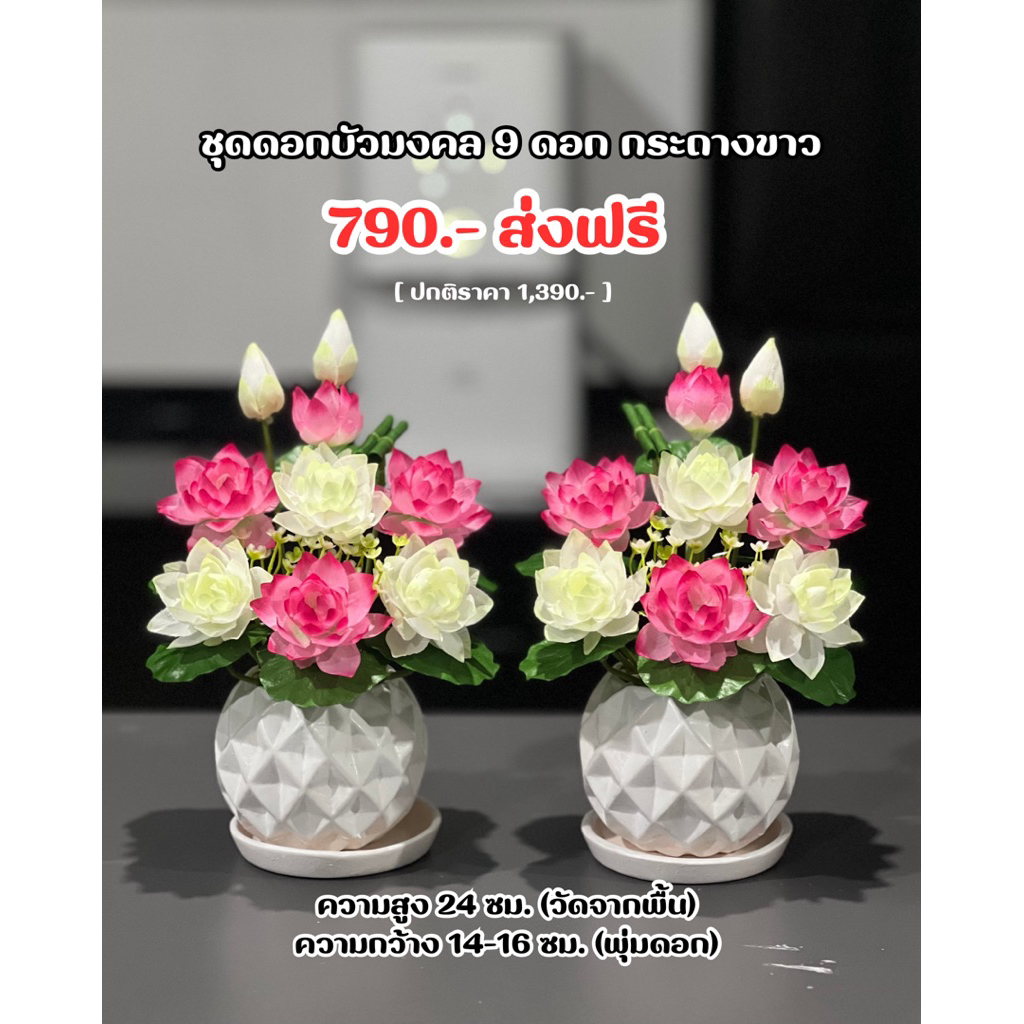 ดอกบัวมงคล 9 ดอก กระถางขาว (1 คู่ ) สำหรับถวายพระ บูชาสิ่งศักดิ์สิทธิ์ที่เคารพนับถือ หรือประดับตกแต่งหิ้งพระ