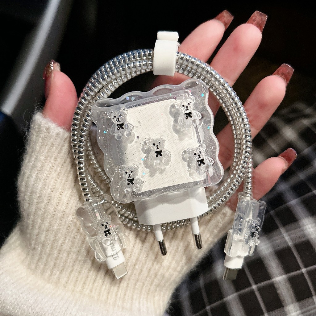 หมีใสโบว์ดำ ชุดพันสาย เคสหัวชาร์จ ลายการ์ตูน ตัวถนอมสาย ชุดถนอม 5ชิ้น USB C 18W 20W 35W ไอโฟน Apple 