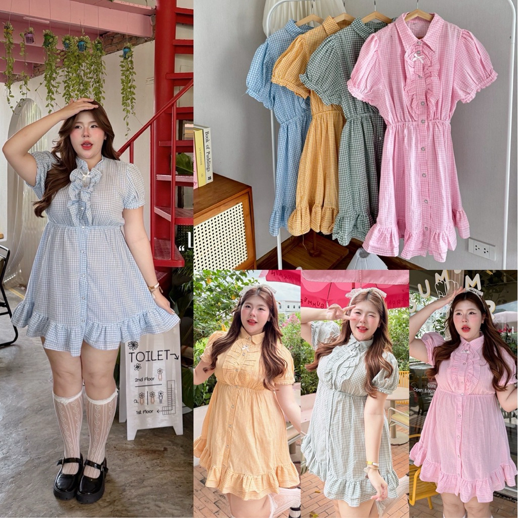 /LD/ เดรสคอปกแขนตุ๊กตาสาวอวบ มีไซส์อก38-50 ลายสก็อต แต่งระบายสาบกระดุมหน้า น่ารักมาก #เสื้อผ้าไซส์ให