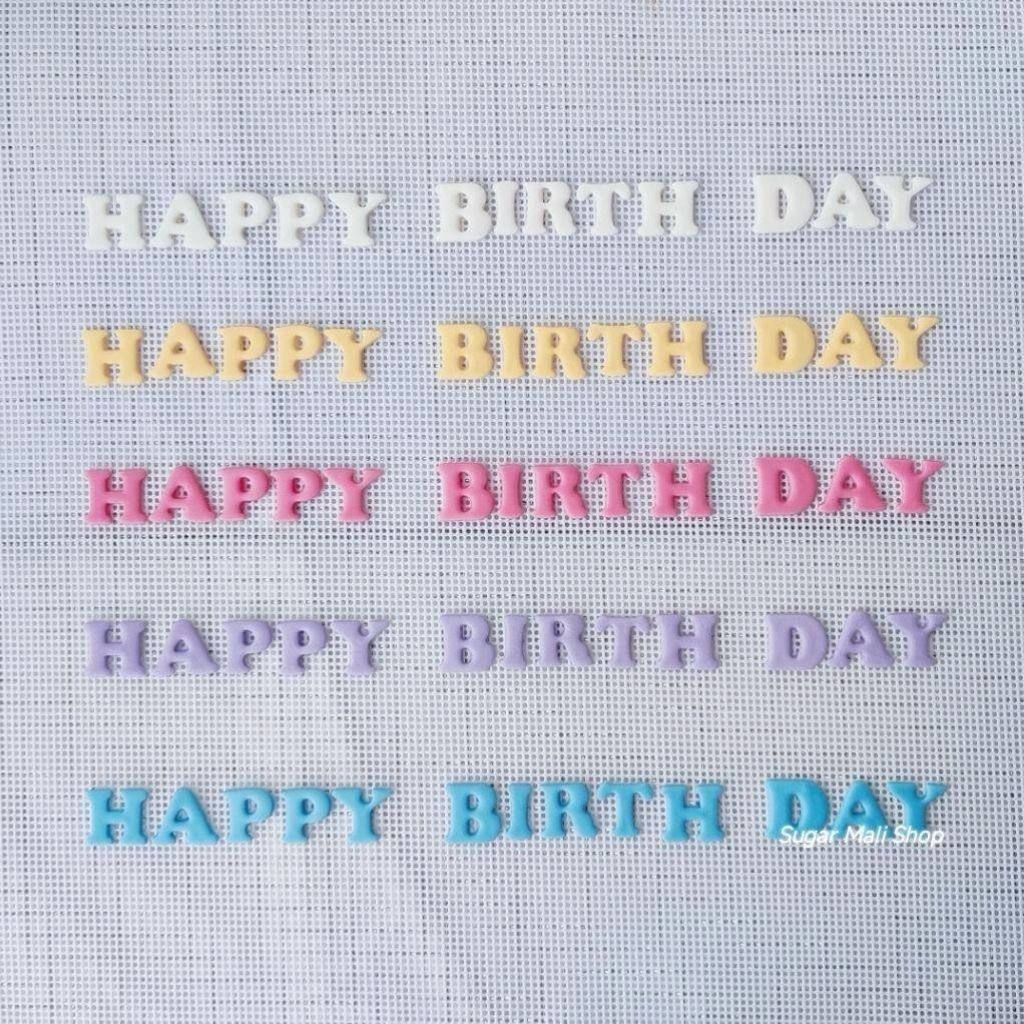 น้ำตาลกัมเพส ตัวอักษร HAPPY BIRTHDAY ขนาด 2×1.8 cm สีสวย ทานได้นะคะ