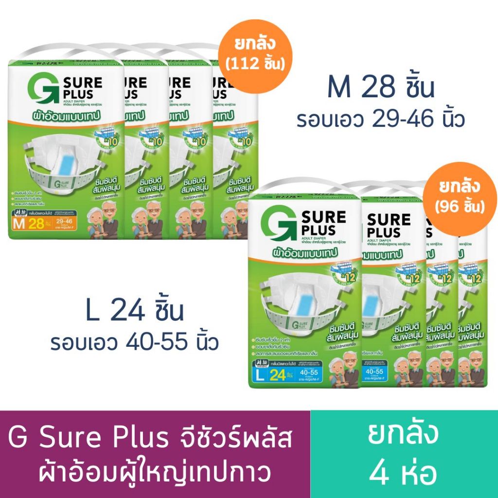(ยกลัง 4 ห่อ) G Sure Plusจีชัวร์พลัส ผ้าอ้อมผู้ใหญ่เทปกาว M 112 ชิ้น/ L96ชิ้น
