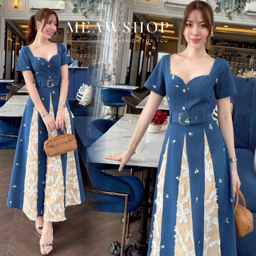 S-3XL เดรสยาวผ้ายีนส์ คอหัวใจแขนสั้น ชุดทำงานผู้หญิง ชุดออกงาน ชุดไปงาน ชุดไปทะเล ชุดไปคาเฟ่ ชุดไปวั