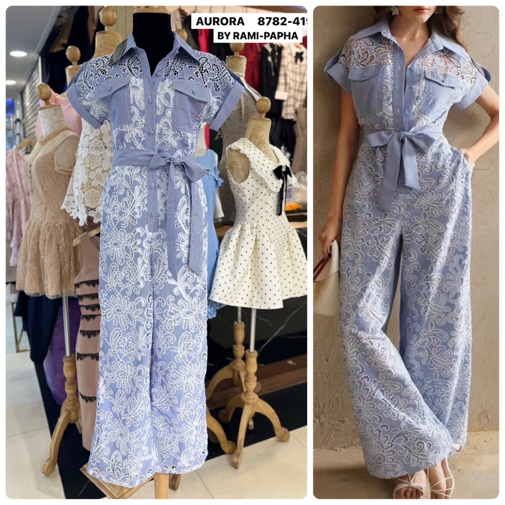 Aurora จั๊มสูทขายาวริ้วฟ้า เนื้อผ้าฉลุสวยเก๋