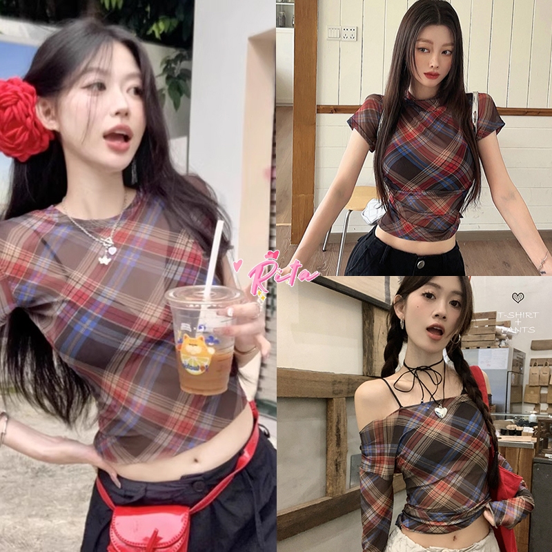Rita พร้อมส่ง🍒เสื้อแขนสั้นผ้าซีทรู🍒เสื้อครอปลายสก๊อต Y2K ทรงเข้ารูป ดีเทลจั้มเอว สไตล์สาวแซ่บ แฟชั่นผู้หญิง เซ็กซี่เบาๆ