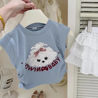 Babyonline(Y240)A2 (ส่งด่วน1วัน)เสื้อยืดคอกลมแขนกุดสำหรับเด็กผู้หญิงลายน้องหมาสุดน่ารัก ผ้าฝ้าย นิ่ม