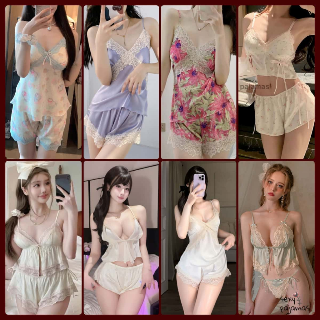 sexy pajamas🌺🌺ชุดนอนซาติน เซตชุดนอน ชุดเซ็กซี่ ตกแต่งลูกไม้ ลายดอกไม้ สวมใส่สบาย🌺🌺พร้อมส่งจากไทย