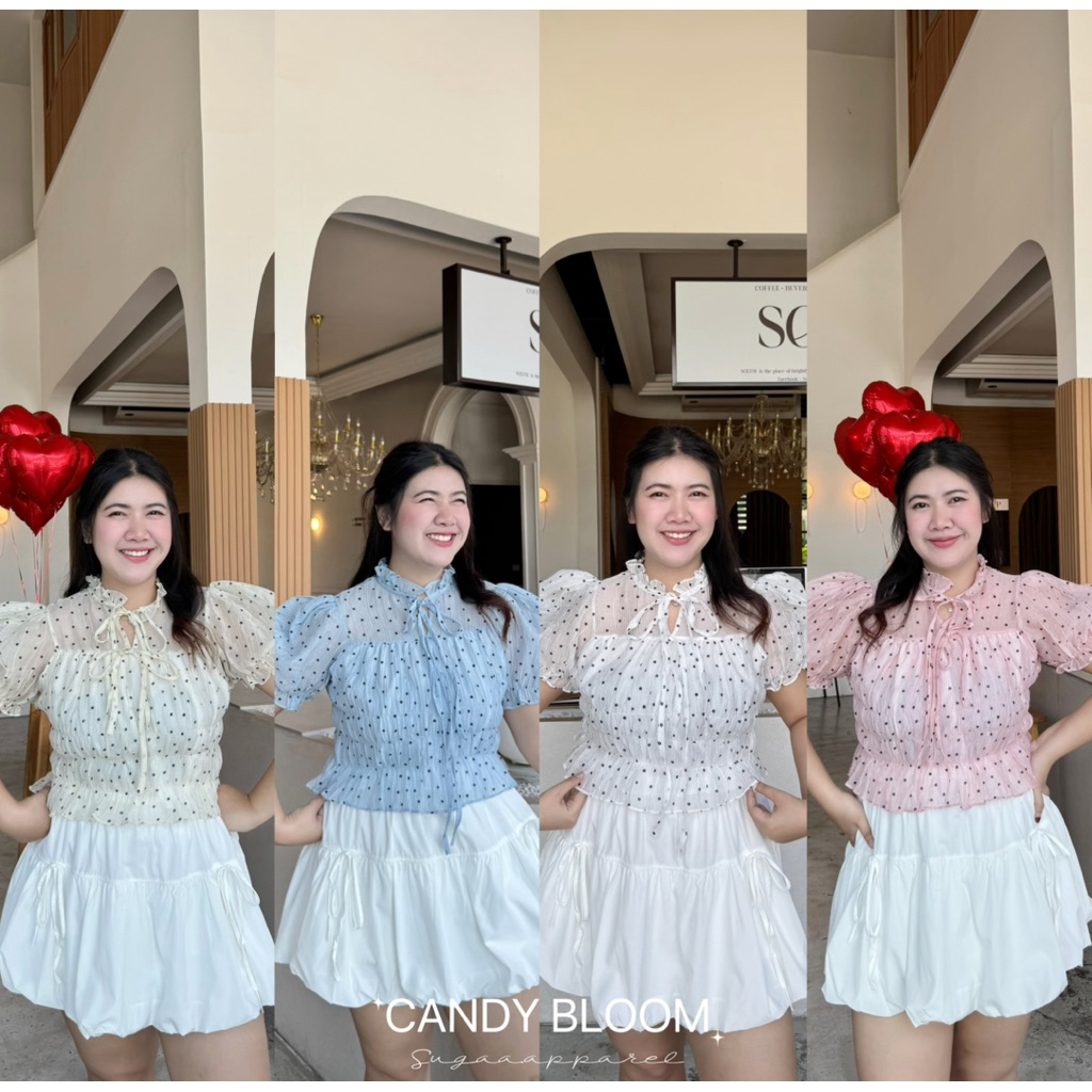 Candy Bloom เสื้อครอปแขนตุ๊กตาสาวอวบสุดคิ้วท์ ดีเทลพองฟู ผ้าอัดลายจุด มีซับในทั้งตัว ไม่บาง