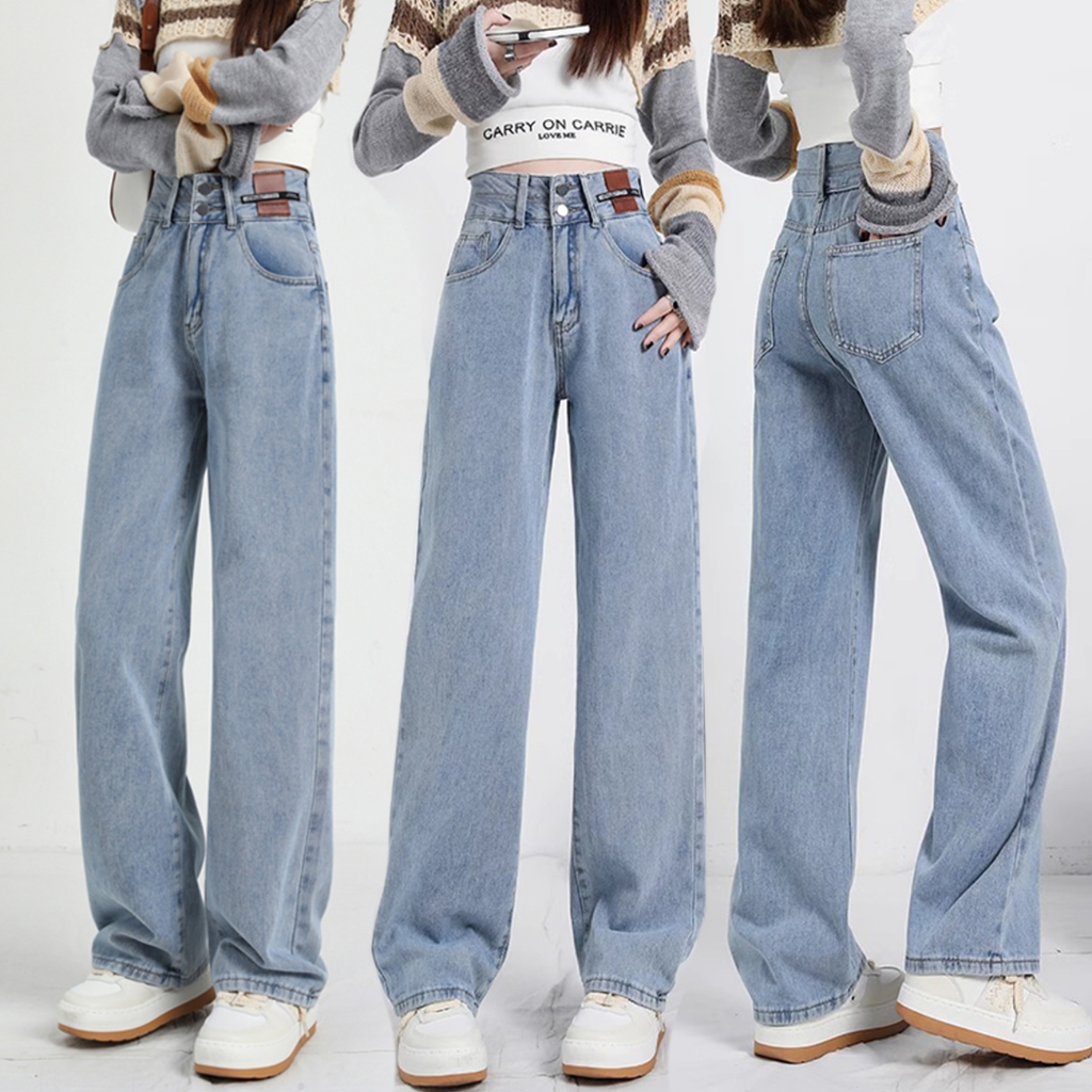 jeans กางเกงยีนส์ เอวสูง ทรงหลวม ยีนส์ กางเกงยีน ผู้หญิง แนววินเทจ denim pants ไซส์ใหญ่ กระดุม พลัสไซส์