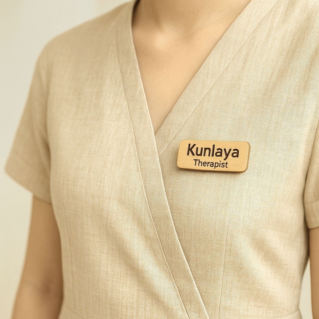 ป้ายชื่อไม้ติดหน้าอก พร้อมแม่เหล็ก ขนาด 2×7 ซม. | ป้ายชื่อพนักงาน ร้านสปา ร้านกาแฟ