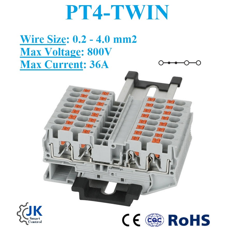 PT4-TWIN One In / Two Out Spring Type Terminal Block: เทอร์มินอล PT4-TWIN เข้า 1 / ออก 2 (800V/36A)