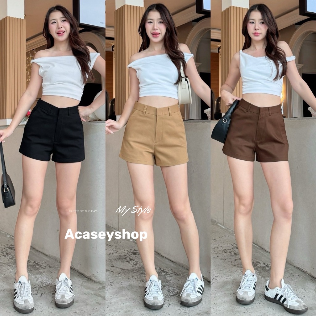 Acasey กางเกงขาสั้นผู้หญิง ผ้าCotton Shorts แต่งกระเป๋าแปะหลัง 1ข้าง ทรงสวยสุด ไซส์ S - XL รุ่น Mabel