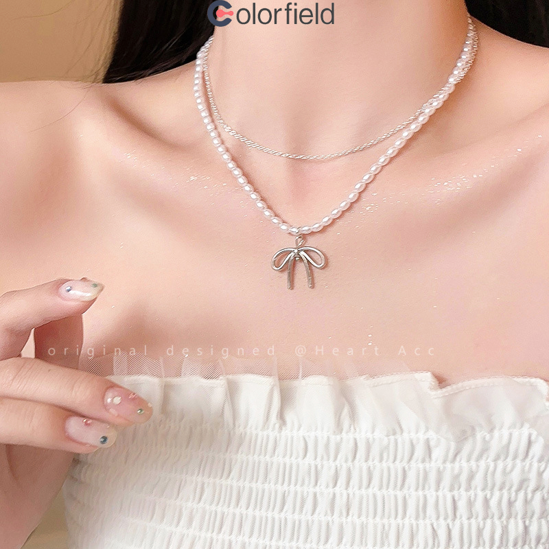 Colorfield สร้อยคอ สองชั้น ไข่มุก โบว์ เกาหลี ระดับไฮเอนด์ ละเอียดอ่อน เรียบง่าย ปรับได้ กระดูกไหปลาร้าโซ่ ผู้หญิง-COD💖