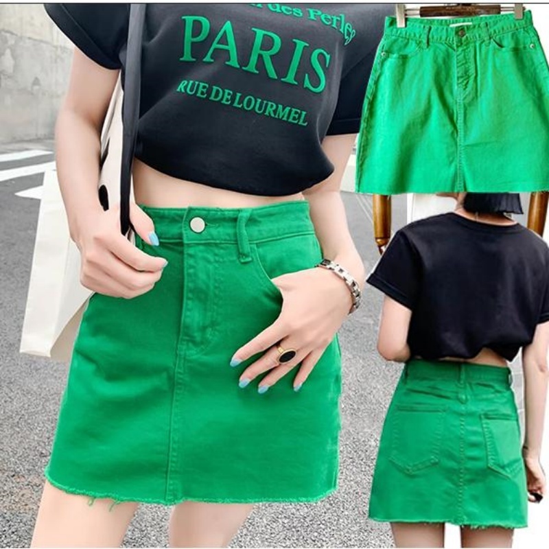 Korean Stvle🥝🛒0536 กระโปรงยีนส์เอวสูงสีเขียว ทรงเอ ทรงเข้ารูป สีพื้น สไตล์เกาหลี ผ้าเดนิม 90% ฝ้าย 10%
