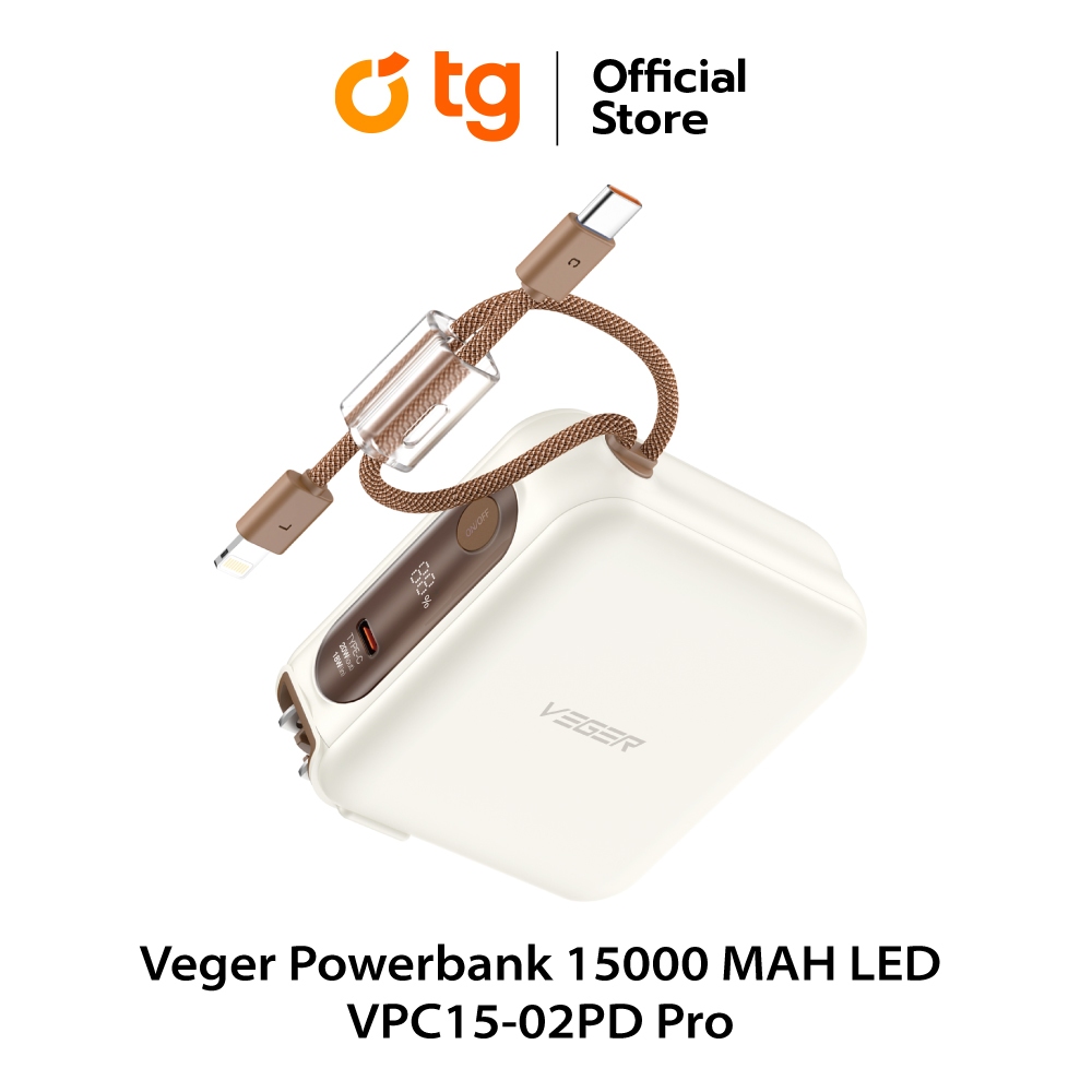 VEGER POWERBANK 15000 MAH LED 1C WITH BUILT IN CABLE TYPE L+TYPE C AND ADAPTER 20W VPC15-02PD Pro