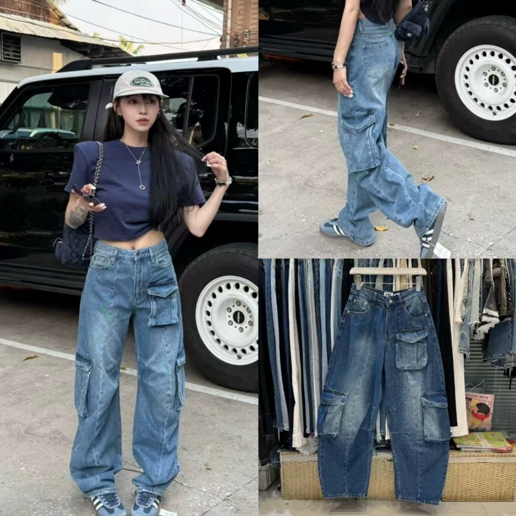 (พร้อมส่ง) Curve cut cargo jeans ยีนส์ขายาวทรงเย็บโค้งรุ่น 5593 TAG FSY 🇰🇷