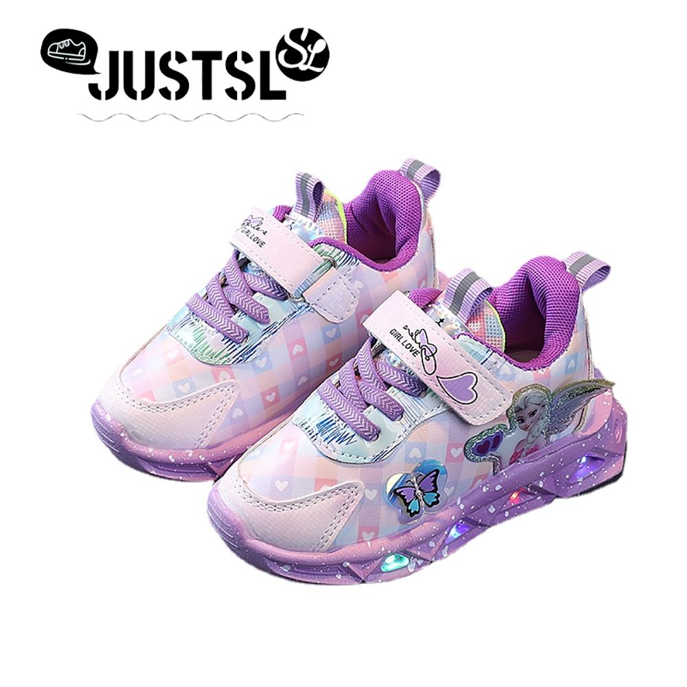 JUSTSL สาวกระพริบรองเท้ากีฬาลำลองไฟ LED แฟชั่นน้ำแข็งหิมะเรืองแสงรองเท้ากีฬาการ์ตูนแช่แข็งรองเท้าเด็ก
