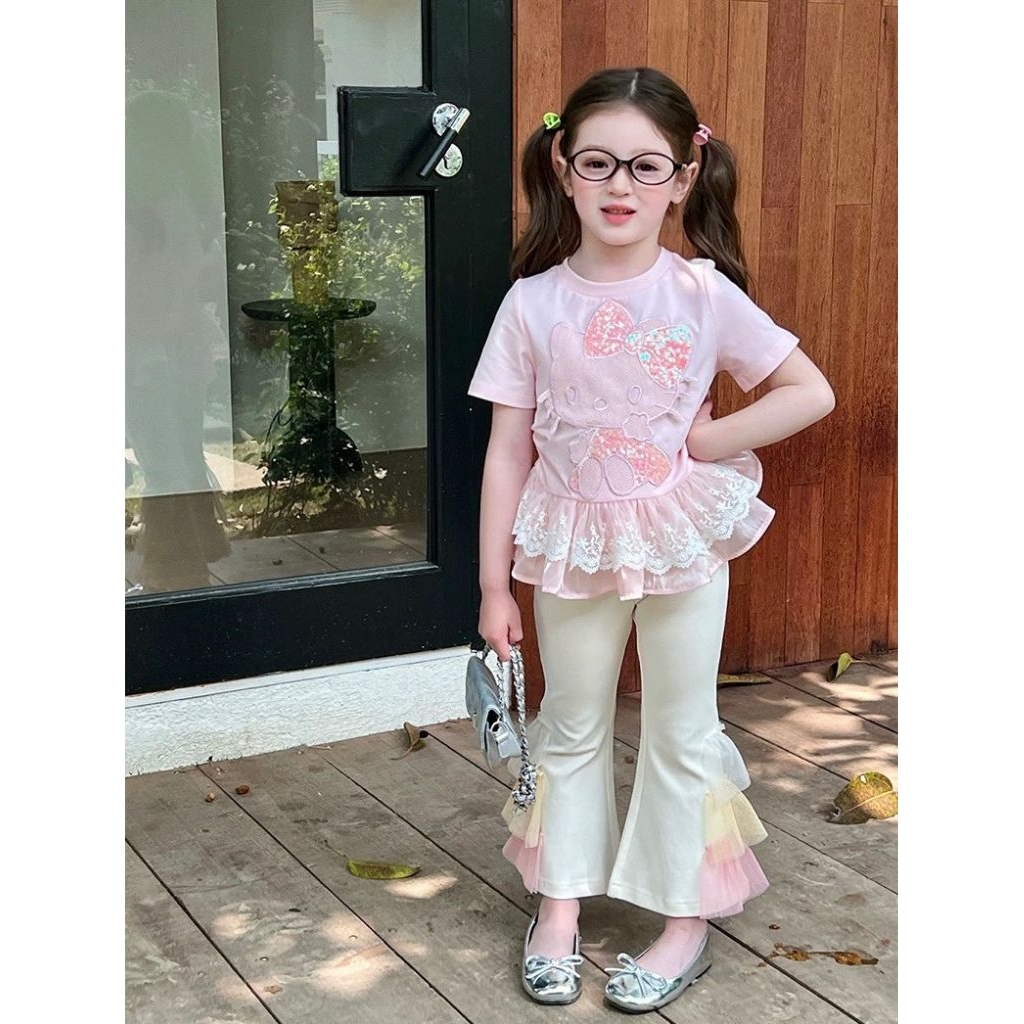 พร้อมส่งในไทย🇹🇭ชุดเซ็ตคิตตี้งานปัก+กางเกงขาม้า/ผ้าcottonนิ่ม/ป้ายBB kids/สินค้าถ่ายจากงานจริงค่ะ/แนะนำซักมือนะคะ