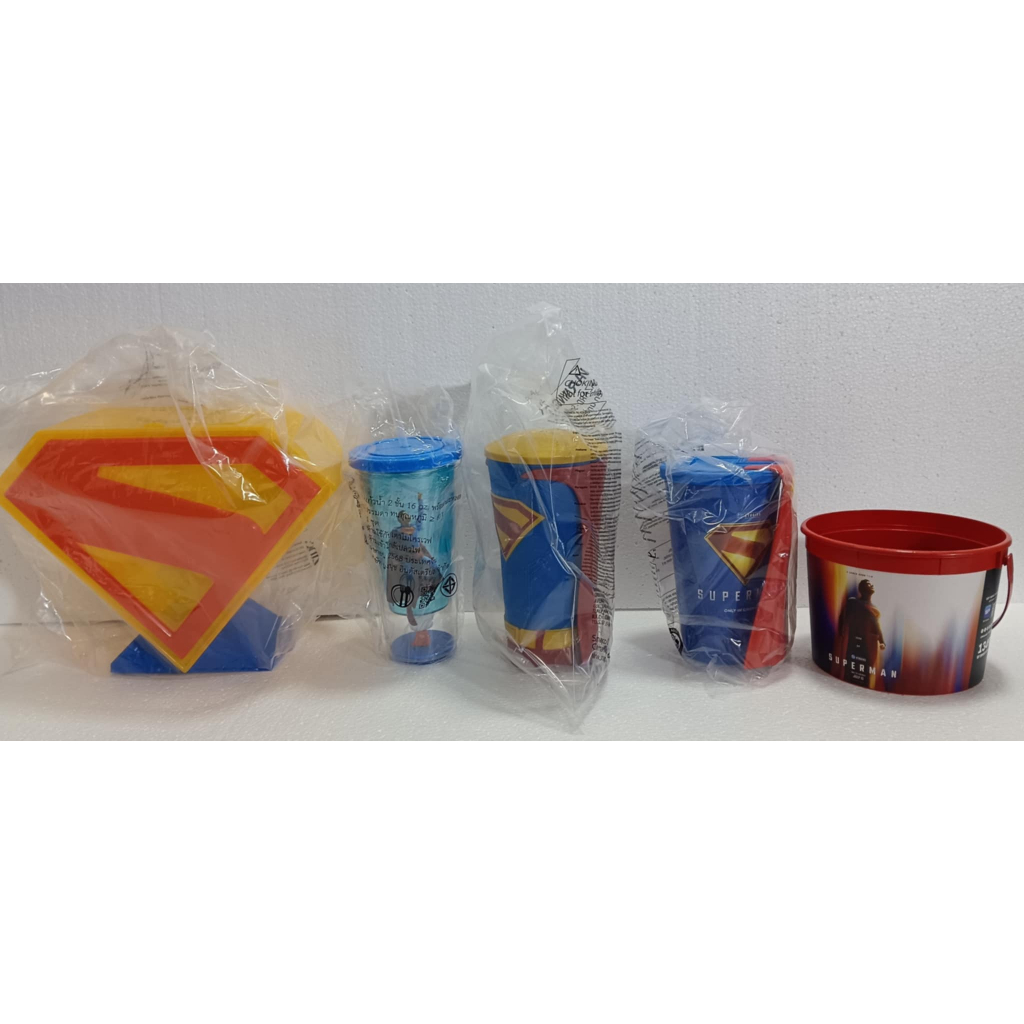Superman ซูเปอร์แมน แก้วน้ำและถังป๊อบคอร์น ทั้งของเมเจอร์และSF น่าสะสมหายาก ของใหม่ในห่อทุกชิ้น
