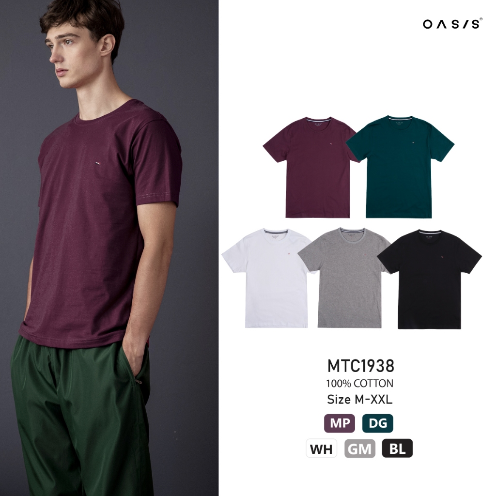 ( สีดำหมด )OASIS เสื้อยืดผู้ชาย เสื้อยืด คอกลม คอตตอน100% รุ่น MTC-1938 สีม่วง , เขียว , ขาว , เทา ,