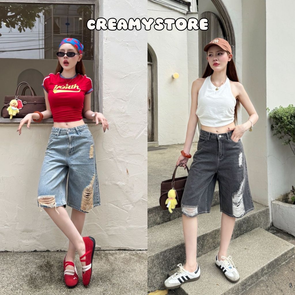 CreamyStore กางเกงยีนส์ขาสั้น 5ส่วน แต่งขาด ไซส์S-3XL ผ้าไม่ยืด ป้ายYam Jeans
