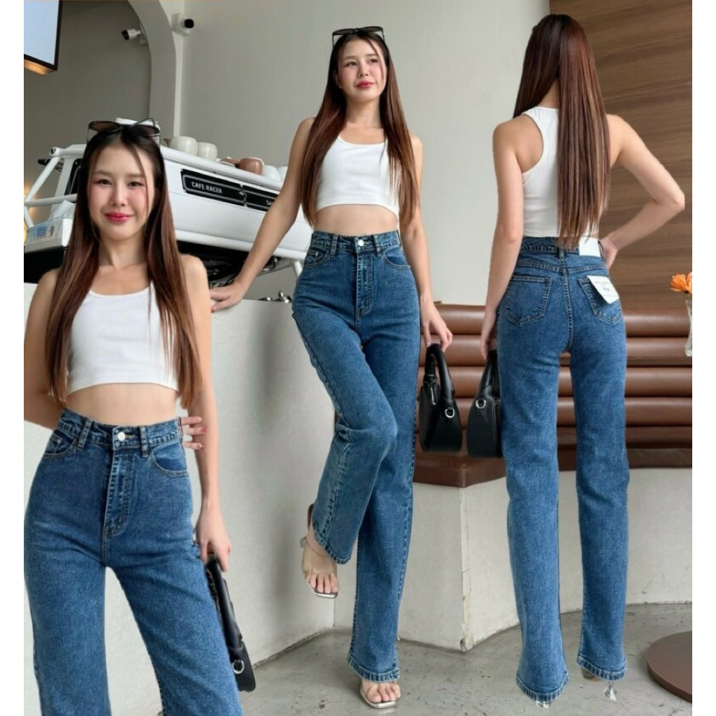 (SALE โล๊ะสต๊อก) กางเกงยีนส์กระบอกตรง ผ้ายืด เอวสูงปรี๊ด ผ้าญี่ปุ่น สี DENIM BLUE รุ่นยาวพิเศษ!!