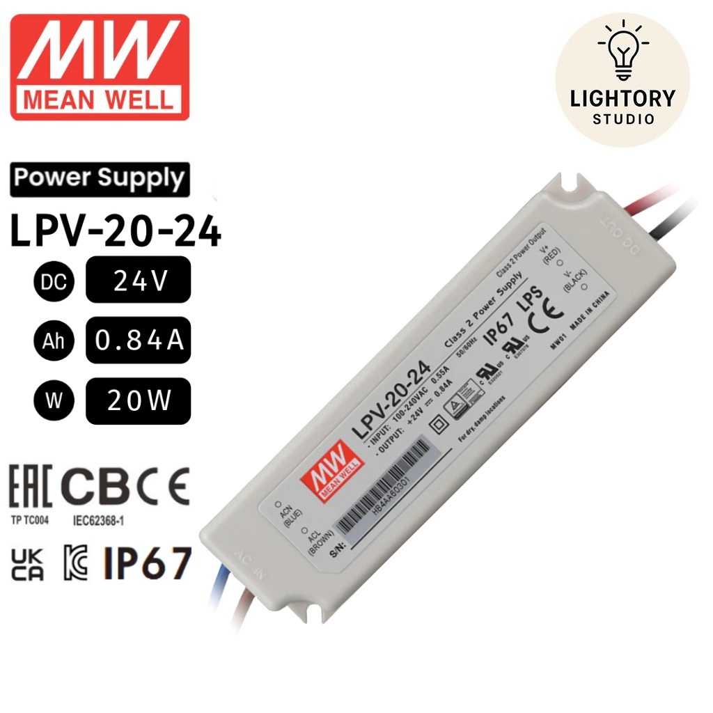 (ประกัน 3 ปี) Meanwell หม้อแปลง LPV 20วัตต์ 24V รุ่นกันน้ำ สวิทชิ่ง Mean Well 0.84A 20W