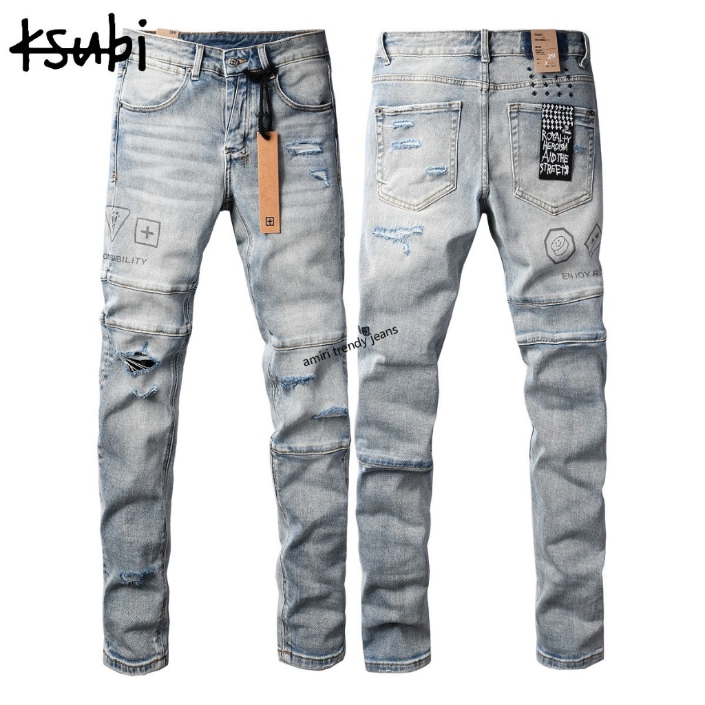 Ksubi กางเกงยีนส์ขาดแบบแพทช์เวิร์กสำหรับผู้ชาย กางเกงขายาวทรงสลิมพิมพ์ลายแฟชั่น 3048
