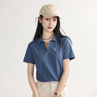 Plus size~Polo shirt Women's blue short sleeve เสื้อแขนสั้นลายปักแนวเทรนด์ เสื้อโปโลสไตล์สบาย ๆ ใส่ได้หลายโอกาส HOT