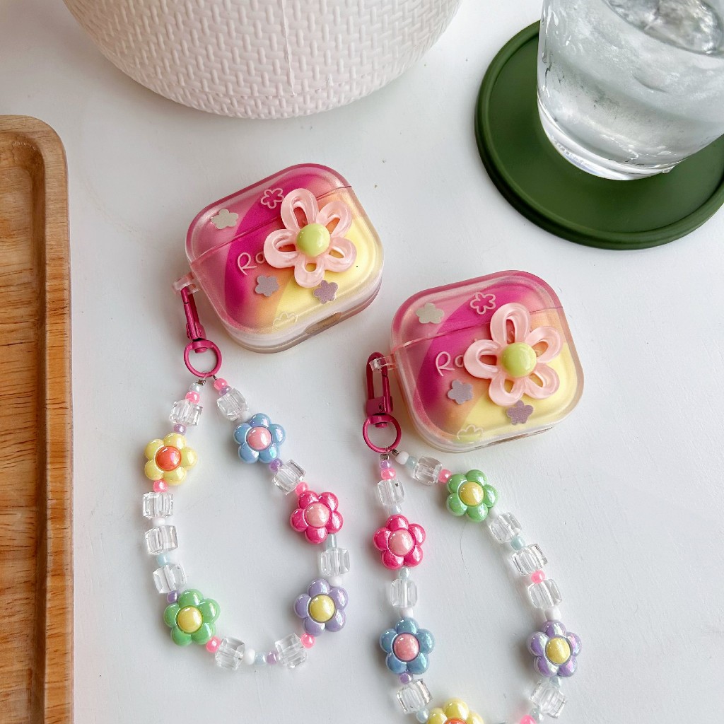 เคสหูฟังลาย ดอกไม้รุ้งชมพู เคสแอร์พอต พร้อมสายห้อย สำหรับรุ่นAirpods 1/2 pro pro2 gen gen2 gen3 Airp