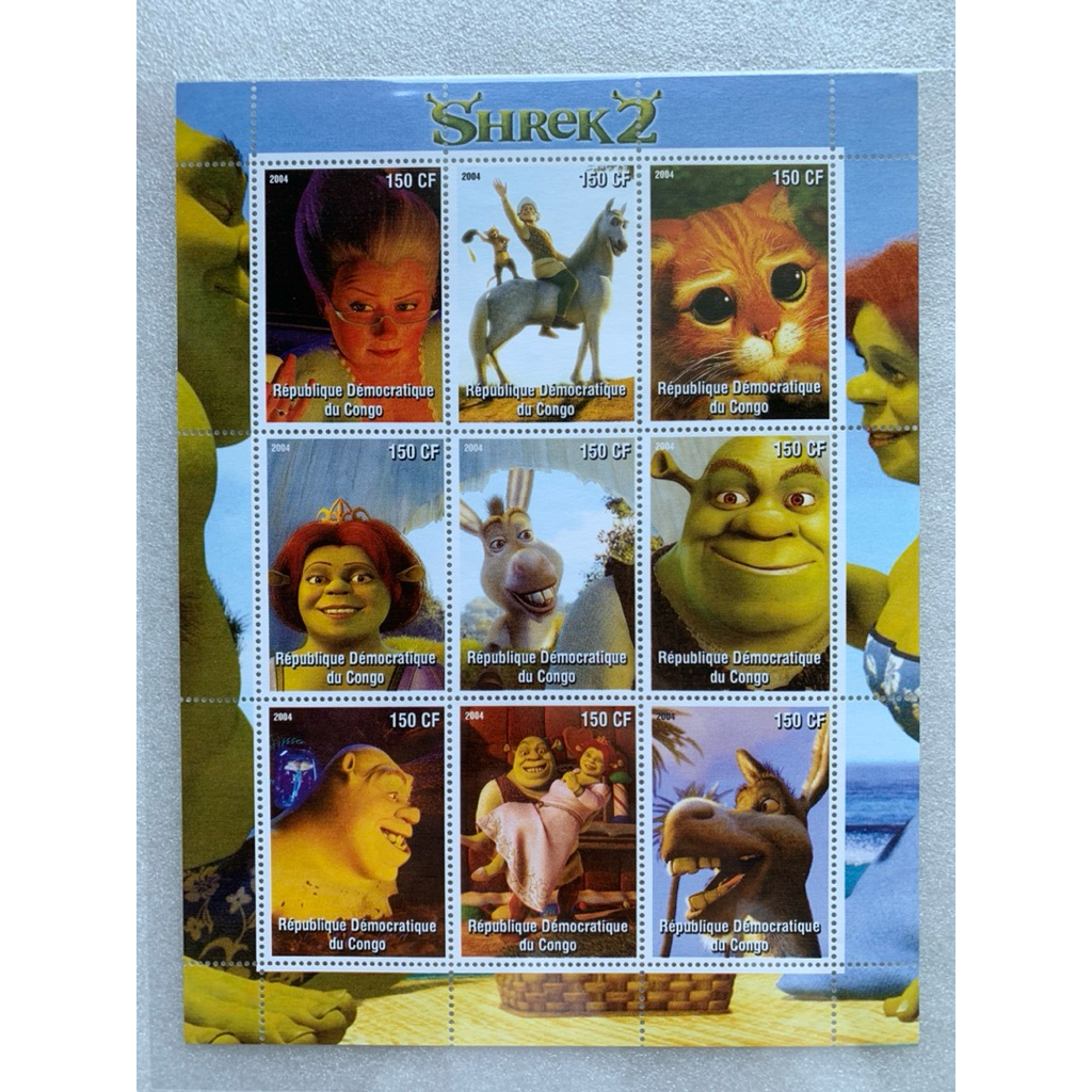 แสตมป์การ์ตูนชุดหนังการ์ตูน Shrek 2 ปี2004 เต็มแผ่น9ดวง