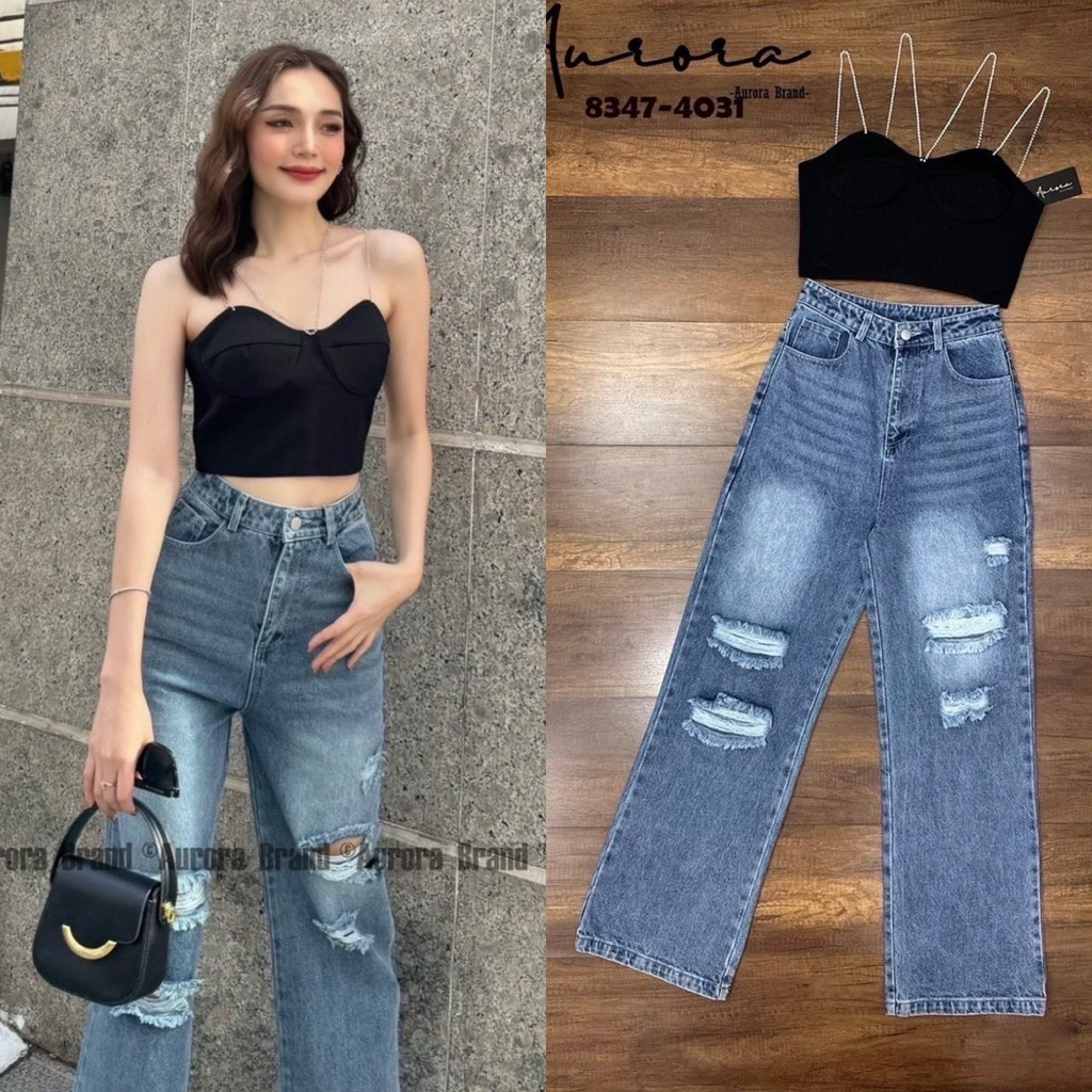 พร้อมส่ง XS SML⚡️AR 8347 ชุดเซต เสื้อครอปสีดำสายเพรช+ยีนส์ขายาว