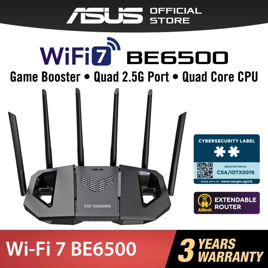 ASUS TUF Gaming BE6500 (TUF-BE6500) Dual Band WiFi 7 (802.11be) Extendable Gaming Router