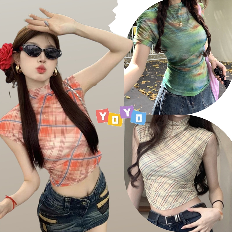 YOYOพร้อมส่ง เสื้อครอปสั้น ผ้าตาข่ายแขนสั้นคอปืน สีมัดยอม ลายสก๊อต เสื้อลำลองผู้ ดีเทลย่นเอวกระชับเข้ารูปเซ็กเบาๆ
