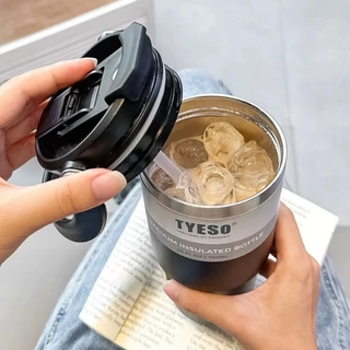 TYESO แก้วน้ำเก็บความเย็นเเละร้อน รุ่นหูหิ้ว สแตนเลส 304 ขนาด 600ml-1200ml ฝา 2 หัวดื่ม