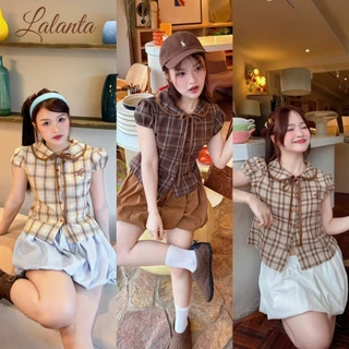 🇹🇭มีส่งด่วน🇹🇭 เสื้อลายจุด คอบัว ผ้าครัช #FF147