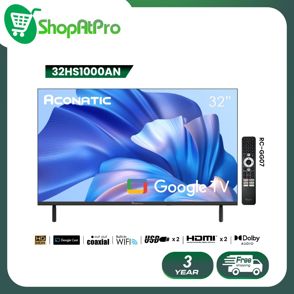 Aconatic ทีวี 32 นิ้ว LED HD Google TV รุ่น 32HS1000AN Netflix,Youtube,Frameless Design, Dolby Audio
