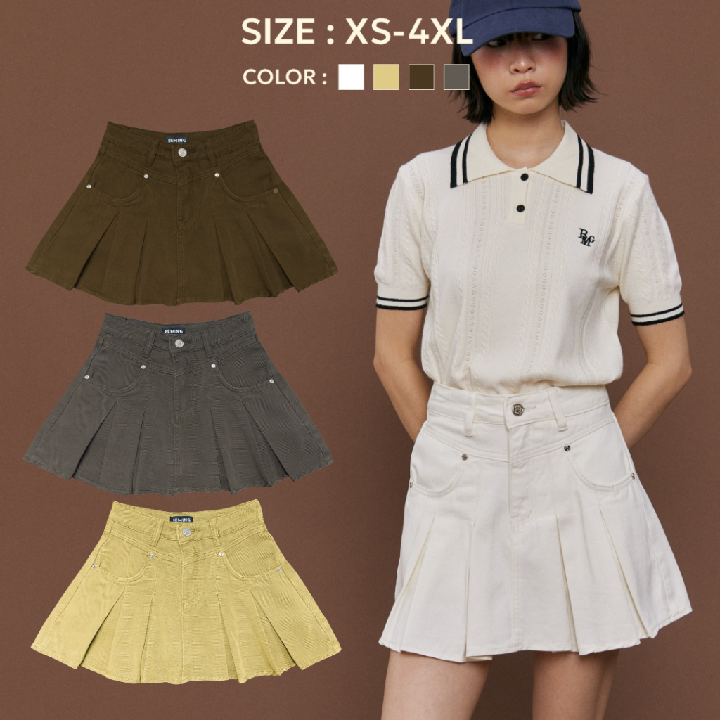 Bemingjeans081(XS-4XL)-Kyla Pleated Skirt – กระโปรงพลีทยีนส์เอวสูงทรงสวย 🖤