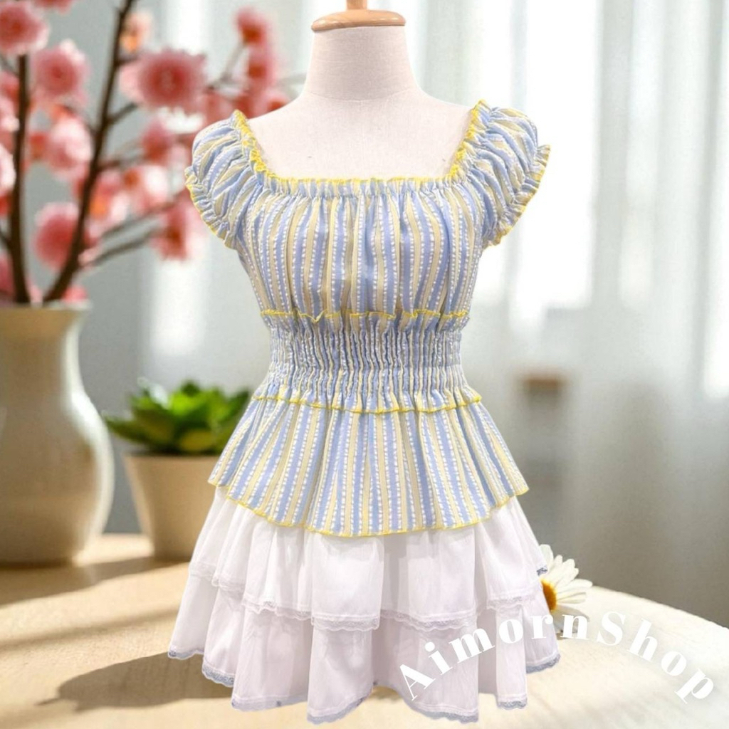 🔥aimorn_shop🔥เสื้อสม็อคช่วงเอว แขนตุ๊กตา ใส่ปาดไหล่ได้ ลายริ้วชิคๆ สีหวานละมุนมาก - รูปที่ 7