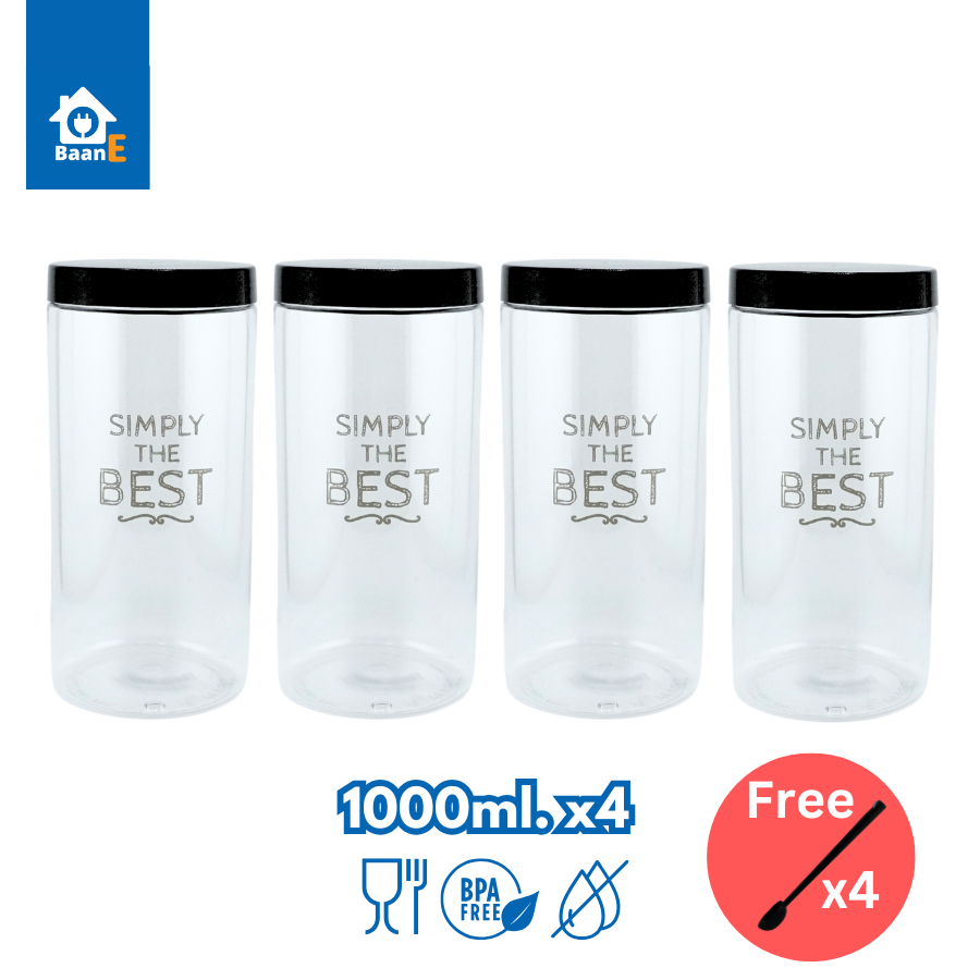 BaanE ขวดโหล พลาสติก ความจุ 1000 มล. แพ็คละ 4 ชิ้น/2 ชิ้น BPA free แถมช้อนตัก Round Canister