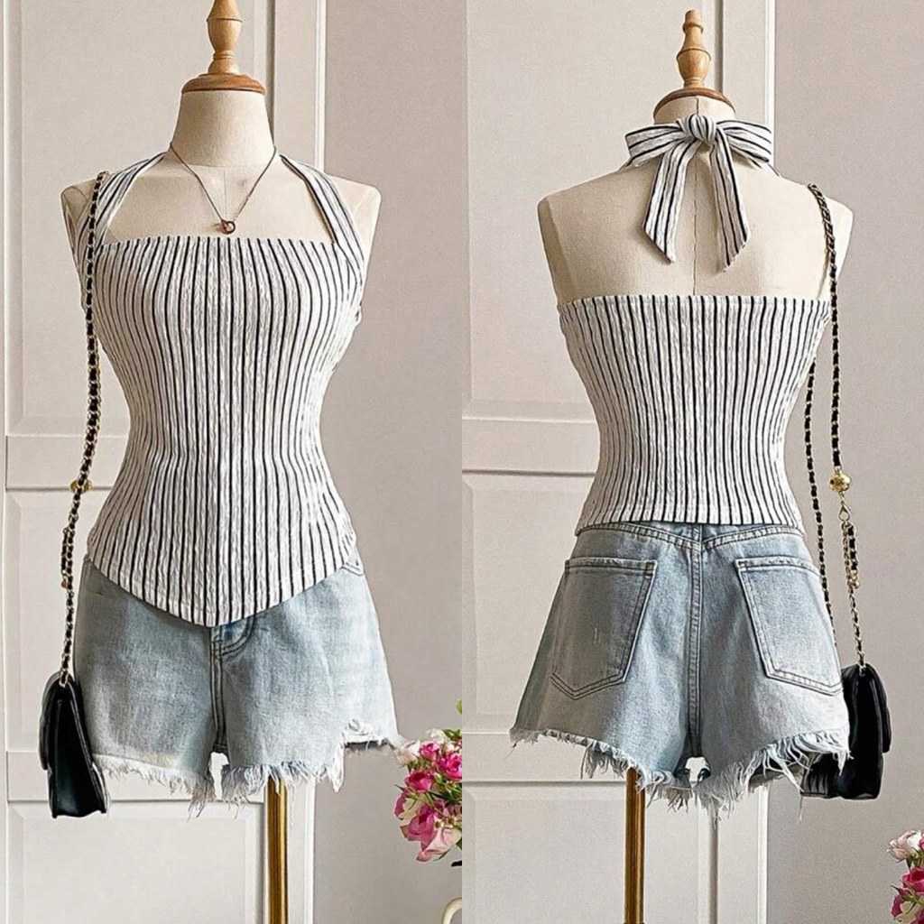 (พร้อมส่ง) Zebra เสื้อเกาะอกคล้องคอ ลายทาง ใส่สบาย