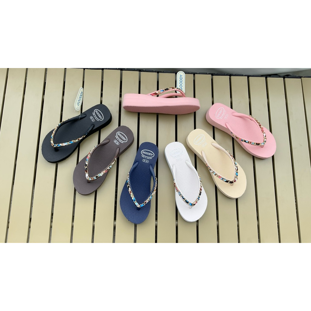 Awr 949 รองเท้าฟองน้ำแฟชั่นส้นสูง by GOODDY รุ่น หูหนีบโซ่ผ้าซาติน