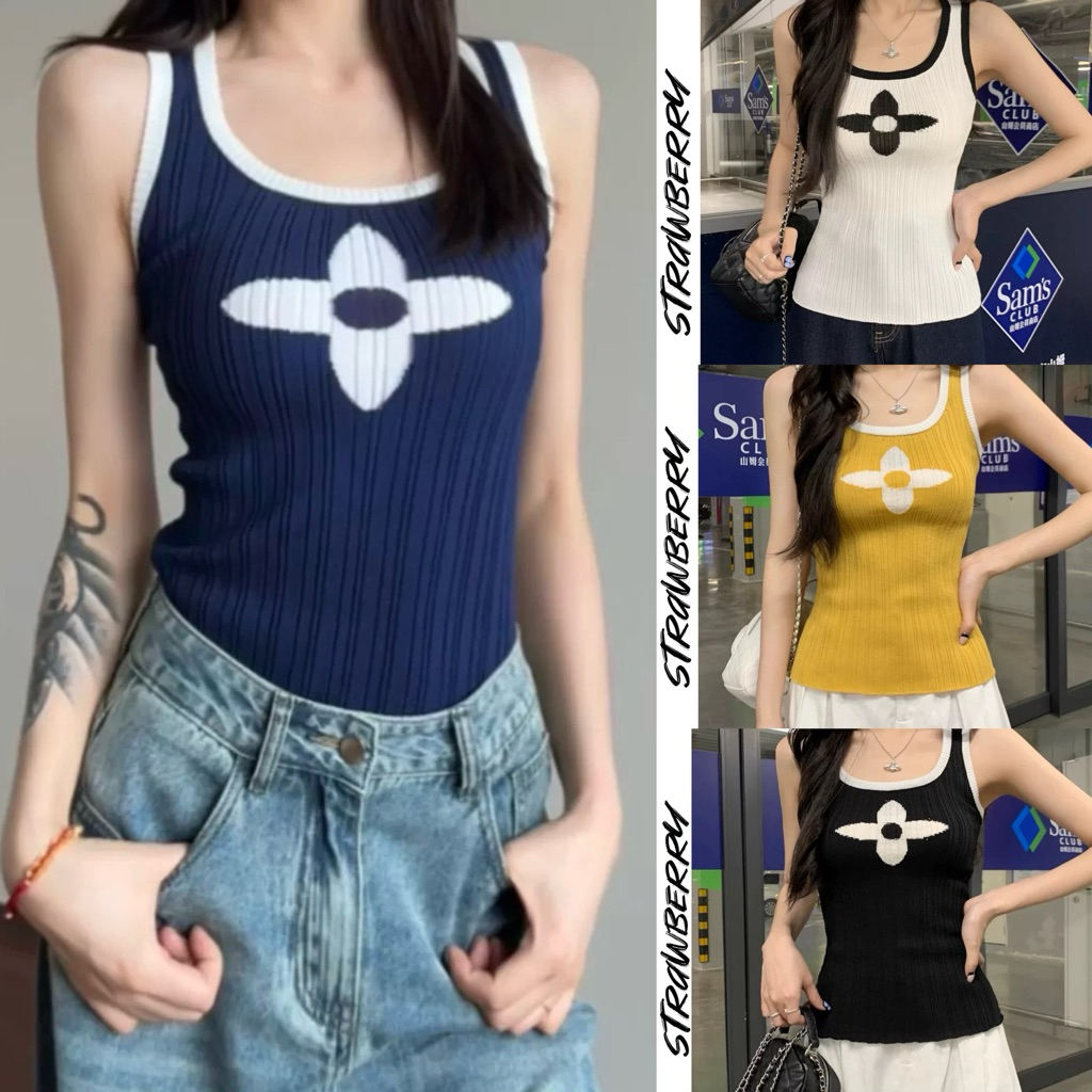 STR พร้อมส่ง🌟 เสื้อแขนกุด เสื้อกล้ามครอปผู้หญิง คอU ลายดอกไม้ดีไซน์เก๋ๆ ทรงรัดรูป ผ้าไหมพรหม สไตล์เกาหลี ใส่ไปกาแฟ